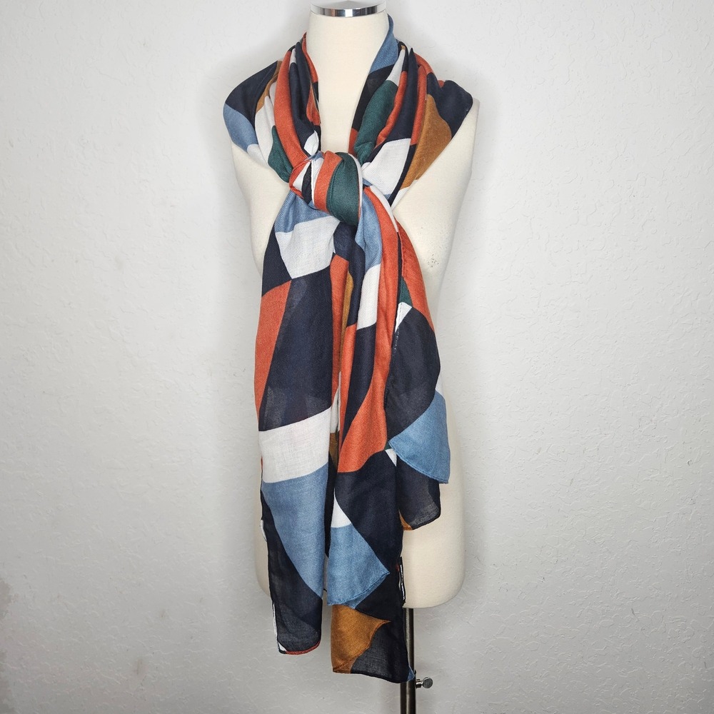 Les Essentiels de Monoprix‎ Scarf Geometric Colorblock Navy Orange Yellow Green